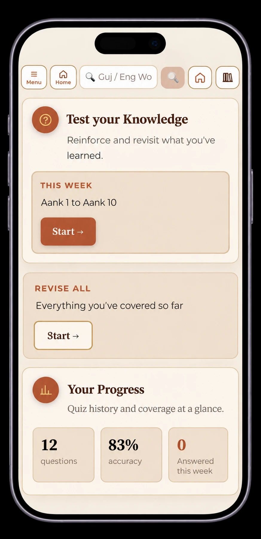 Quiz options and personal progress statistics